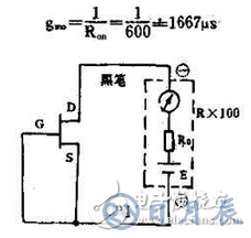 　萬用電表置R×1k檔，然后反復測試管子的三個電極，只要其中兩腳的正、反向測試電阻值相等，約為幾千歐姆時，這兩個極必定是漏、源極。當然為了驗證還得確定剩下那只腳是柵極，該腳對漏、源極中任一腳的正、反向電阻應是不一樣大的（PN結），若—樣，說明該管是壞的。